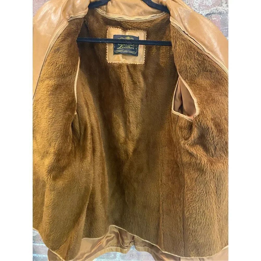 Genuine Leather Vintage 1970s Faux Fur Removable Liner Carmel Jacket • SIZE 40 - Picture 9 of 16
